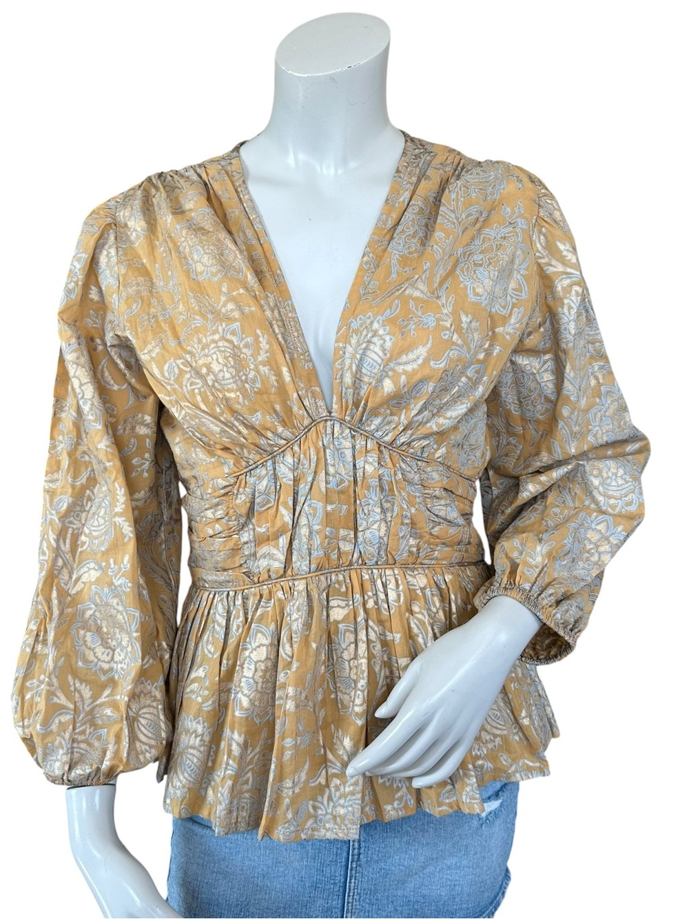 Bindu Pale Gold Blue Ochre Floral Leaf Ruched Deep V Puff Sleeve Blouse Small